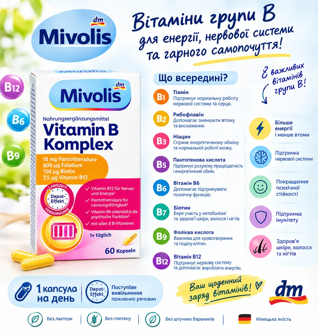 Вітамін B Komplex Mivolis, 60 капсул, комплекс вітамінів групи B