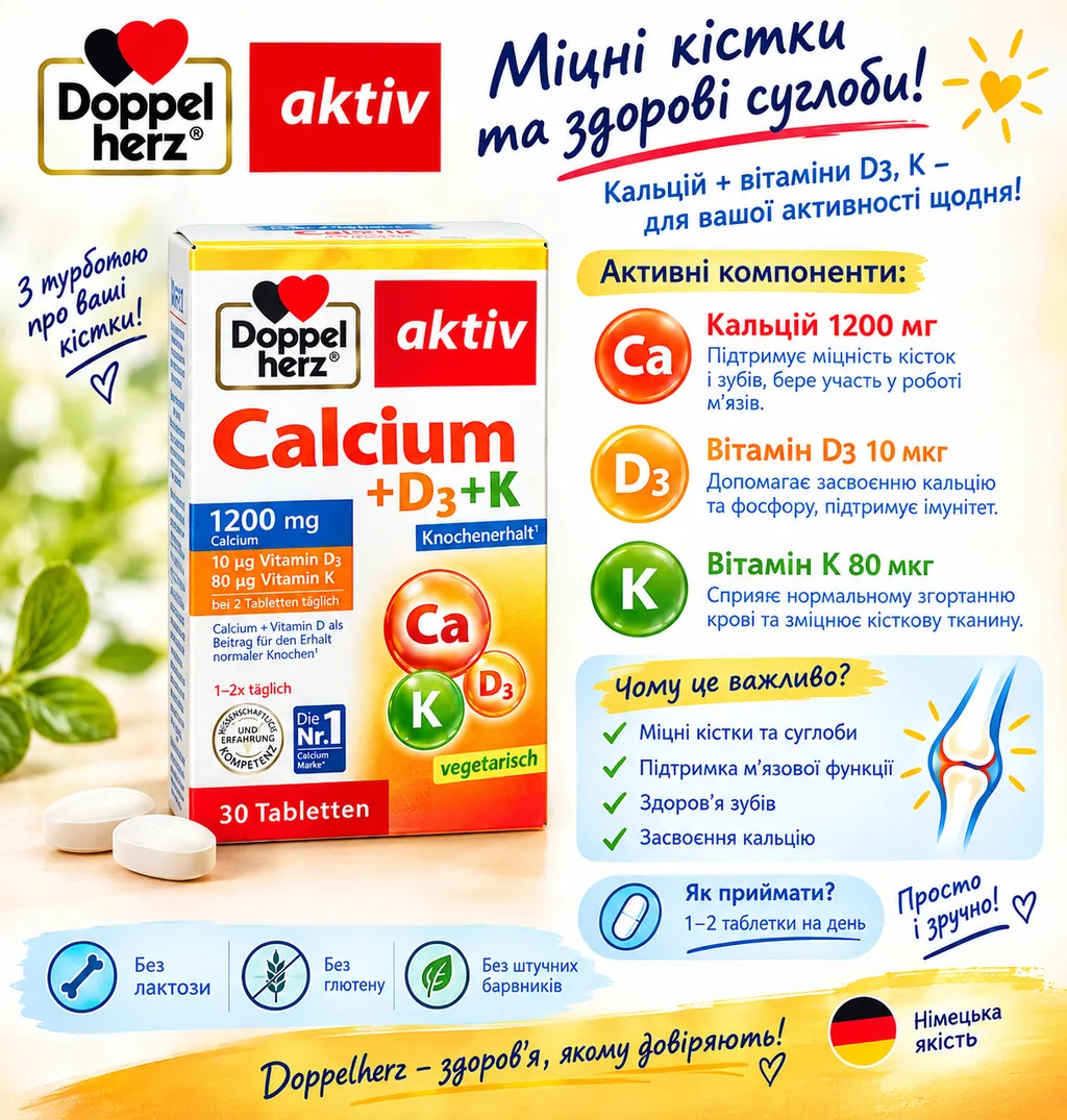 Doppelherz Aktiv Calcium+D3+K, 30 таблеток, Німеччина, нові