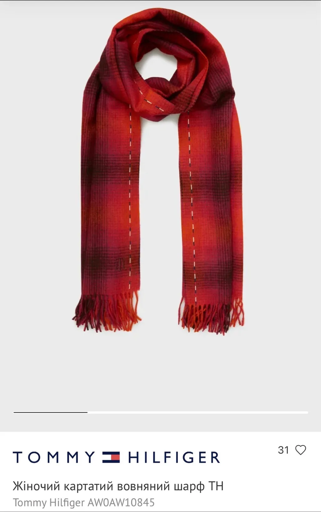 Шарф жіночий картатий 100% вовна Tommy Hilfiger TH Elevated Scarf Check (модель AW0AW10845).